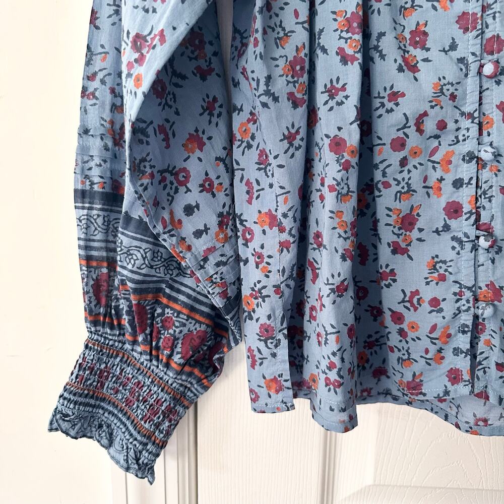Cleobella Arianna Powder Blue Floral Print Button Front Boho Puff Blouse Medium - Picture 4 of 9
